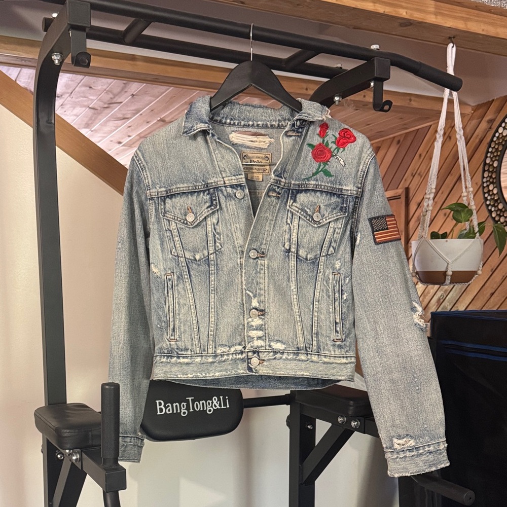 Polo Ralph Lauren Blue Denim distressed Jean Jacket with Red Rose Embroidery